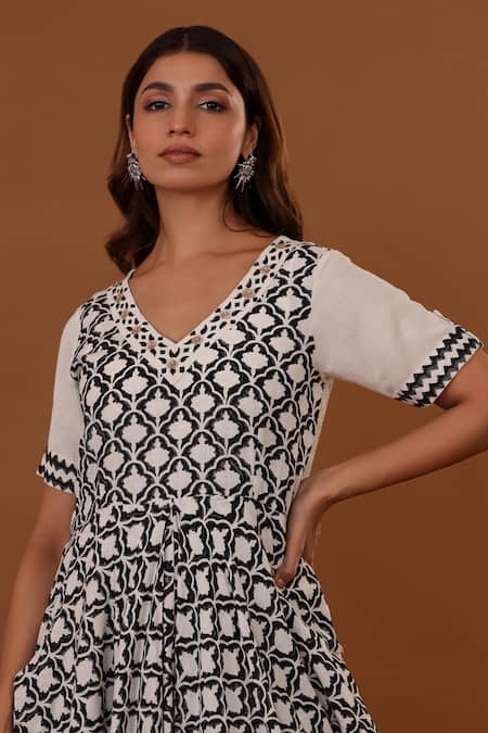 The Home Affair_Black Cotton Embroidery V-neck Handblock Print Dress _at_Aza_Fashions