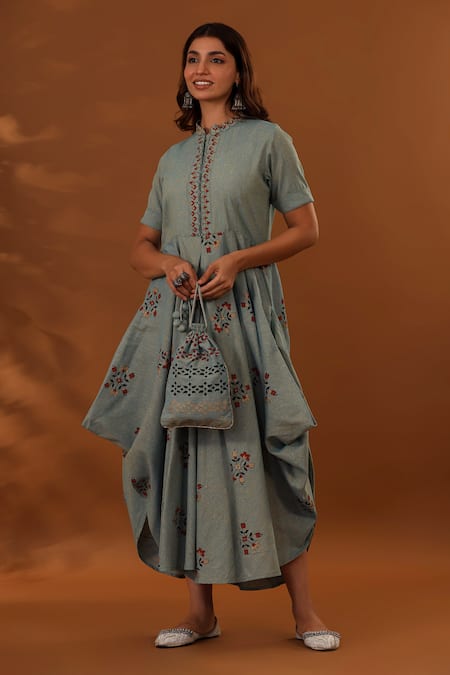 The Home Affair_Blue Cotton Embroidery, Cut Work Mandarin Collar Handblock Floral Print Dress _Online_at_Aza_Fashions