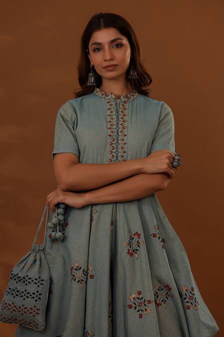 Buy_The Home Affair_Blue Cotton Embroidery, Cut Work Mandarin Collar Handblock Floral Print Dress _Online_at_Aza_Fashions