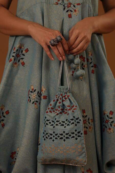 Shop_The Home Affair_Blue Cotton Embroidery, Cut Work Mandarin Collar Handblock Floral Print Dress _Online_at_Aza_Fashions