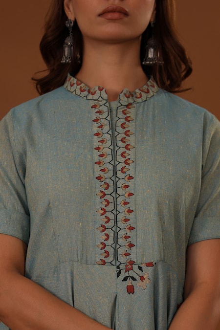 The Home Affair_Blue Cotton Embroidery, Cut Work Mandarin Collar Handblock Floral Print Dress _at_Aza_Fashions