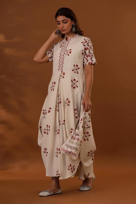 The Home Affair_White Cotton Cut Work Mandarin Collar Floral Print Draped Dress _Online_at_Aza_Fashions