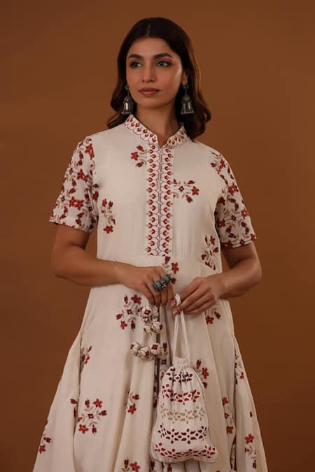 Shop_The Home Affair_White Cotton Cut Work Mandarin Collar Floral Print Draped Dress _Online_at_Aza_Fashions