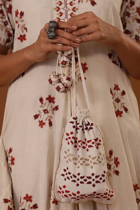 The Home Affair_White Cotton Cut Work Mandarin Collar Floral Print Draped Dress _at_Aza_Fashions