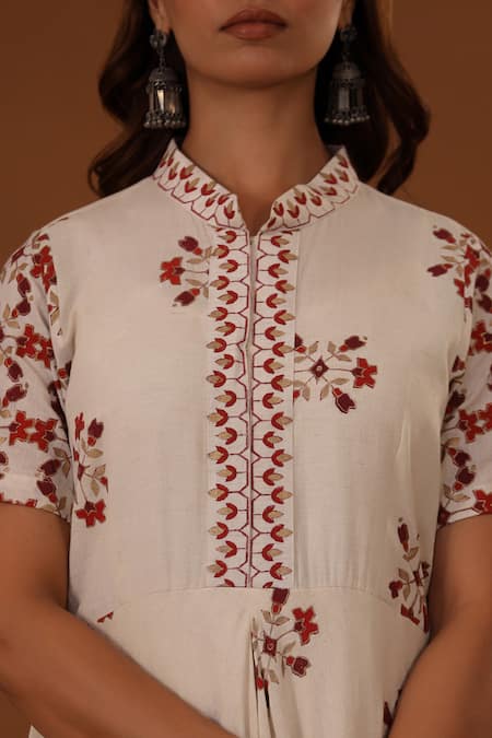 Buy_The Home Affair_White Cotton Cut Work Mandarin Collar Floral Print Draped Dress 