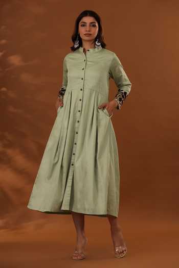 The Home Affair_Green Jacquard Embroidery Mandarin Collar Placement Floral Dress _Online_at_Aza_Fashions