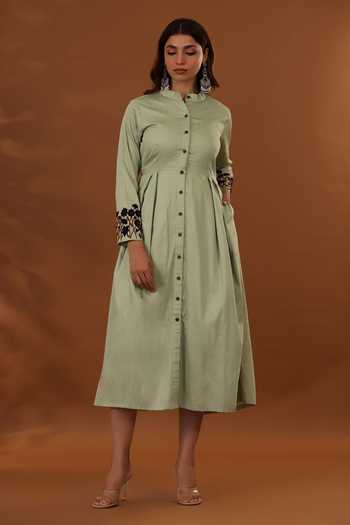 Buy_The Home Affair_Green Jacquard Embroidery Mandarin Collar Placement Floral Dress _Online_at_Aza_Fashions