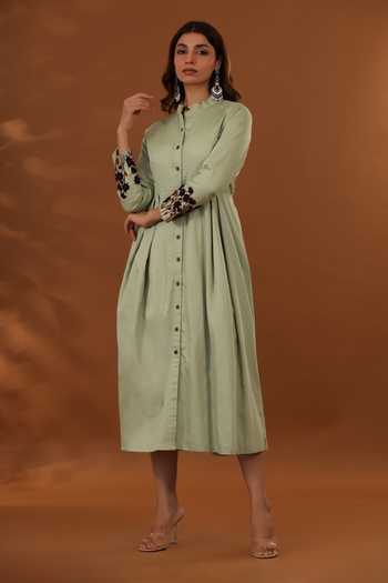 Shop_The Home Affair_Green Jacquard Embroidery Mandarin Collar Placement Floral Dress _Online_at_Aza_Fashions
