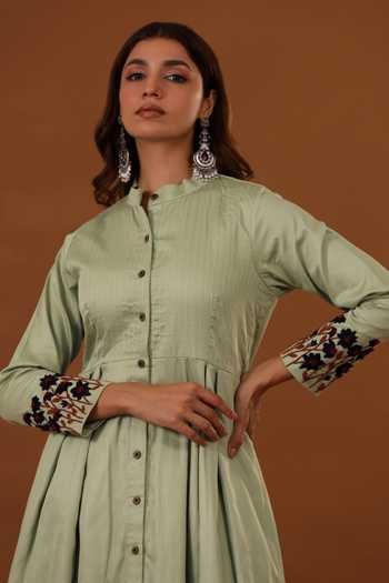 The Home Affair_Green Jacquard Embroidery Mandarin Collar Placement Floral Dress _at_Aza_Fashions