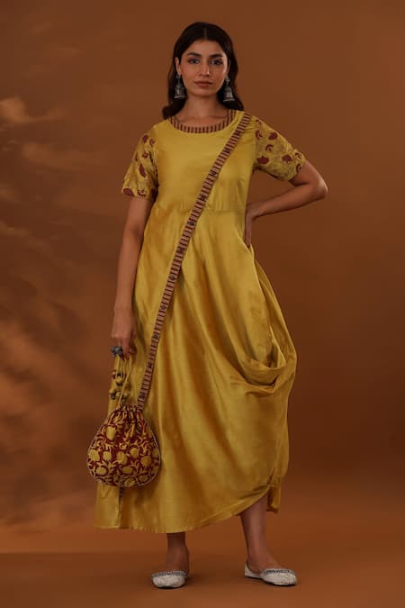 The Home Affair Yellow Jaam Cotton Silk Printed Handblock Floral Handpainted Placement Dress 