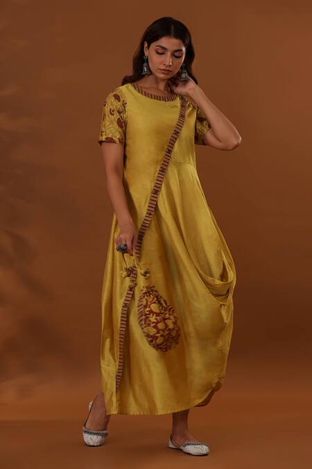 The Home Affair_Yellow Cotton, Silk Round Neck Handpainted Placement Dress _Online_at_Aza_Fashions