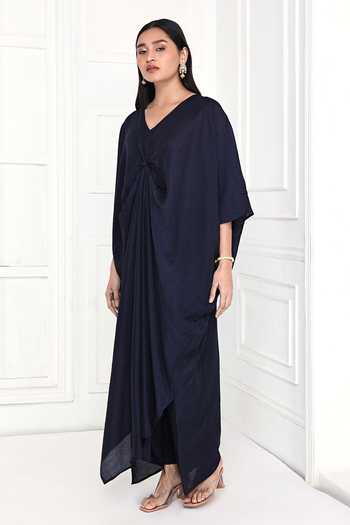 Komal Shah_Blue V-neck Navy Knotted Kaftan And Pant Set _Online_at_Aza_Fashions