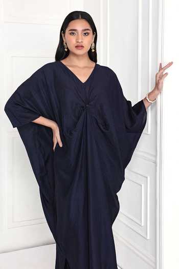 Buy_Komal Shah_Blue V-neck Navy Knotted Kaftan And Pant Set _Online_at_Aza_Fashions