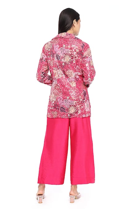 Shop Komal Shah Pink Georgette, Silk Sequins Collared Embroidered Jacket And Pant Set at Aza Fashions Shop_Komal Shah_Pink Georgette, Silk Sequins Collared Embroidered Jacket And Pant Set _at_Aza_Fashions