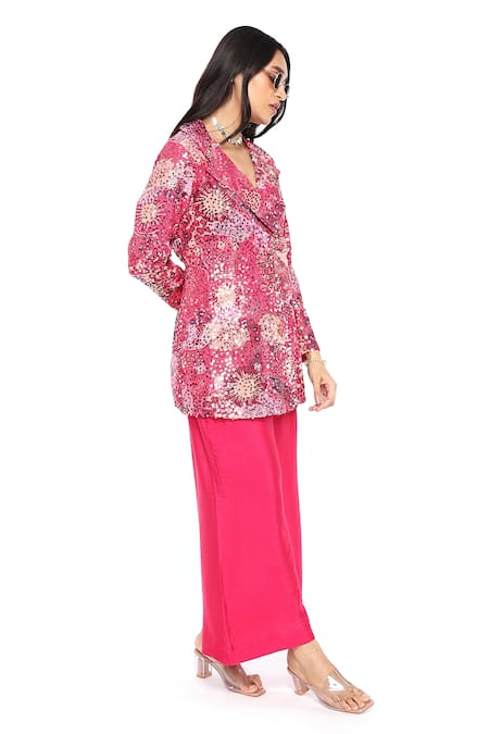 Komal Shah Pink Georgette, Silk Sequins Collared Embroidered Jacket And Pant Set Online at Aza Fashions Komal Shah_Pink Georgette, Silk Sequins Collared Embroidered Jacket And Pant Set _Online_at_Aza_Fashions