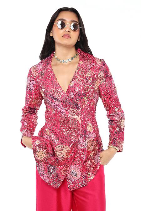 Buy Komal Shah Pink Georgette, Silk Sequins Collared Embroidered Jacket And Pant Set Online at Aza Fashions Buy_Komal Shah_Pink Georgette, Silk Sequins Collared Embroidered Jacket And Pant Set _Online_at_Aza_Fashions
