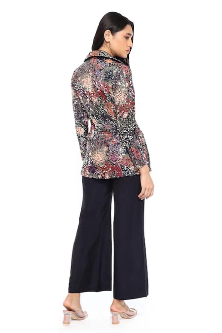 Shop Komal Shah Blue Georgette, Silk Embroidery Collared Sequin Bling Jacket And Pant Set at Aza Fashions Shop_Komal Shah_Blue Georgette, Silk Embroidery Collared Sequin Bling Jacket And Pant Set _at_Aza_Fashions