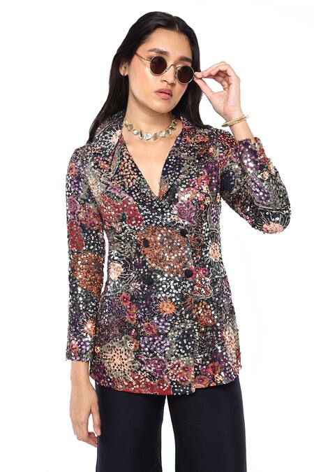 Buy Komal Shah Blue Georgette, Silk Embroidery Collared Sequin Bling Jacket And Pant Set Online at Aza Fashions Buy_Komal Shah_Blue Georgette, Silk Embroidery Collared Sequin Bling Jacket And Pant Set _Online_at_Aza_Fashions