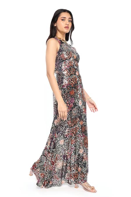 Komal Shah_Blue Georgette Sequins Round Neck Embroidered Maxi Dress _Online_at_Aza_Fashions