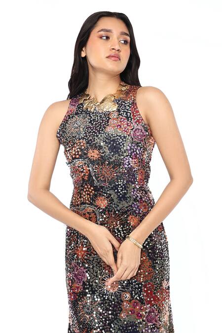 Buy_Komal Shah_Blue Georgette Sequins Round Neck Embroidered Maxi Dress _Online_at_Aza_Fashions