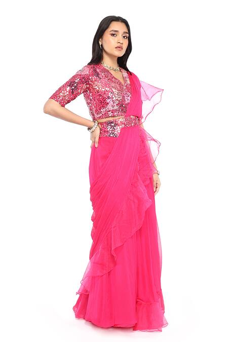 Komal Shah_Pink Organza, Chiffon, Georgette Pre-draped Saree With Embroidered Blouse _Online_at_Aza_Fashions