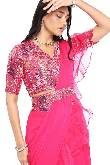 Buy_Komal Shah_Pink Organza, Chiffon, Georgette Pre-draped Saree With Embroidered Blouse _Online_at_Aza_Fashions