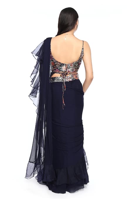 Shop_Komal Shah_Blue Organza, Chiffon, Georgette Sequins Pre-drapede Ruffle Saree With Blouse _at_Aza_Fashions