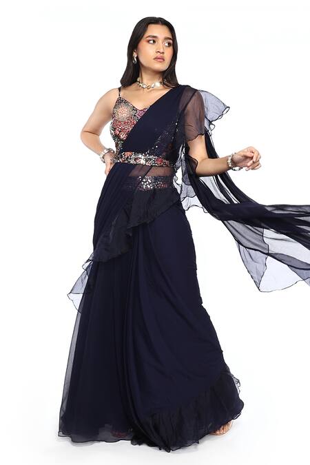 Komal Shah_Blue Organza, Chiffon, Georgette Sequins Pre-drapede Ruffle Saree With Blouse _Online_at_Aza_Fashions