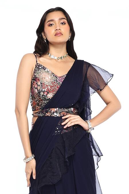 Shop_Komal Shah_Blue Organza, Chiffon, Georgette Sequins Pre-drapede Ruffle Saree With Blouse _Online_at_Aza_Fashions
