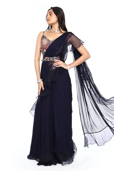 Komal Shah_Blue Organza, Chiffon, Georgette Sequins Pre-drapede Ruffle Saree With Blouse _at_Aza_Fashions