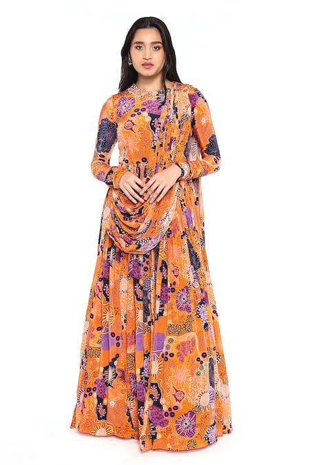 Komal Shah_Orange Crepe Pearls Round Neck Printed Anarkali Saree Gown _Online_at_Aza_Fashions