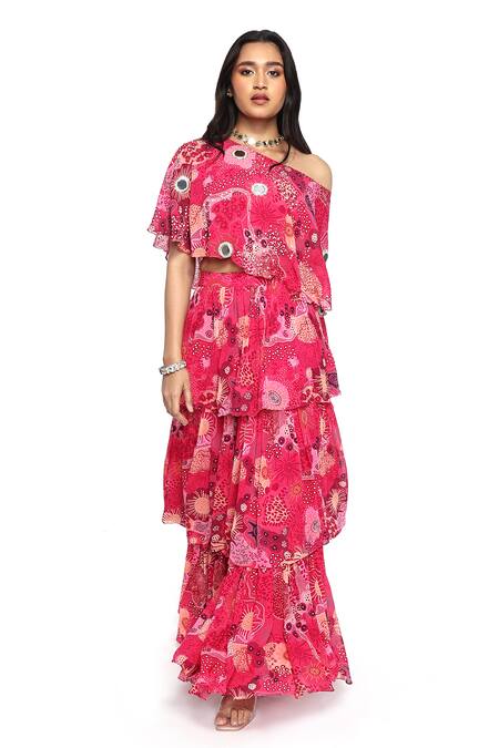 Komal Shah Pink Georgette Mirrors, Pearls One Shoulder Embroidered Cape Layered Sharara Set Online at Aza Fashions Komal Shah_Pink Georgette Mirrors, Pearls One Shoulder Embroidered Cape Layered Sharara Set _Online_at_Aza_Fashions