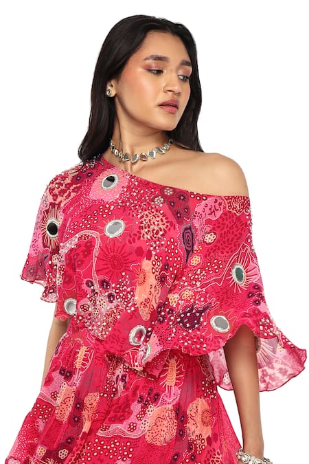 Buy Komal Shah Pink Georgette Mirrors, Pearls One Shoulder Embroidered Cape Layered Sharara Set Online at Aza Fashions Buy_Komal Shah_Pink Georgette Mirrors, Pearls One Shoulder Embroidered Cape Layered Sharara Set _Online_at_Aza_Fashions
