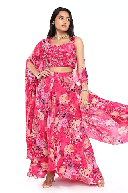 Komal Shah Floral Print Cape Draped Dhoti Skirt Set 