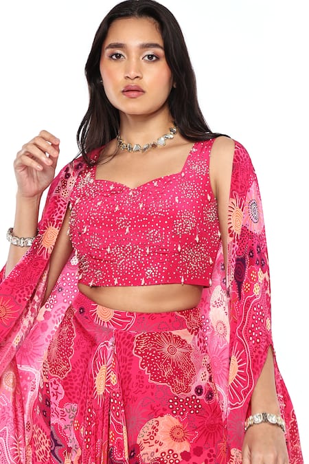 Buy_Komal Shah_Pink Georgette Sequins, Beads Floral Print Cape Draped Dhoti Skirt Set _Online_at_Aza_Fashions