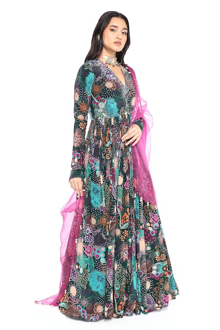 Komal Shah_Multi Color Crepe, Organza Floral Print Pearl Embroidered Anarkali With Dupatta _Online_at_Aza_Fashions