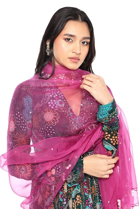 Buy_Komal Shah_Multi Color Crepe, Organza Floral Print Pearl Embroidered Anarkali With Dupatta _Online_at_Aza_Fashions