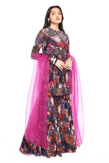 Komal Shah_Blue Crepe, Organza Pearls, Sequins, Beads Embellished Peplum Top And Gharara Set _Online_at_Aza_Fashions