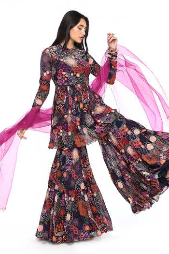 Shop_Komal Shah_Blue Crepe, Organza Pearls, Sequins, Beads Embellished Peplum Top And Gharara Set _Online_at_Aza_Fashions