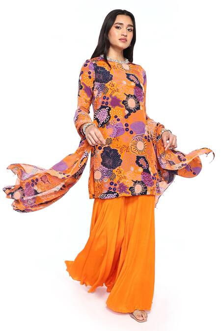 Komal Shah_Yellow Crepe, Chiffon Pearls, Sequins Round Neck Floral Print Tunic Gharara Set _Online_at_Aza_Fashions