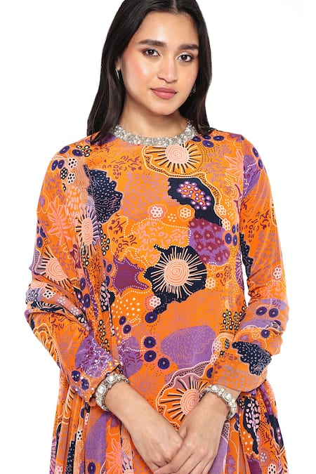 Buy_Komal Shah_Yellow Crepe, Chiffon Pearls, Sequins Round Neck Floral Print Tunic Gharara Set _Online_at_Aza_Fashions