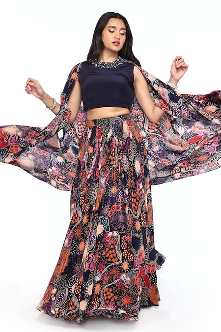 Komal Shah_Blue Crepe Pearls Round Neck Printed Cape Lehenga Set _Online_at_Aza_Fashions