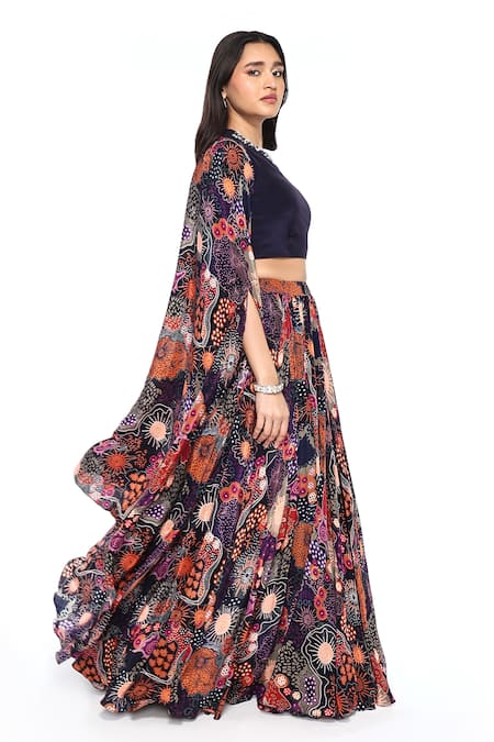 Buy_Komal Shah_Blue Crepe Pearls Round Neck Printed Cape Lehenga Set _Online_at_Aza_Fashions