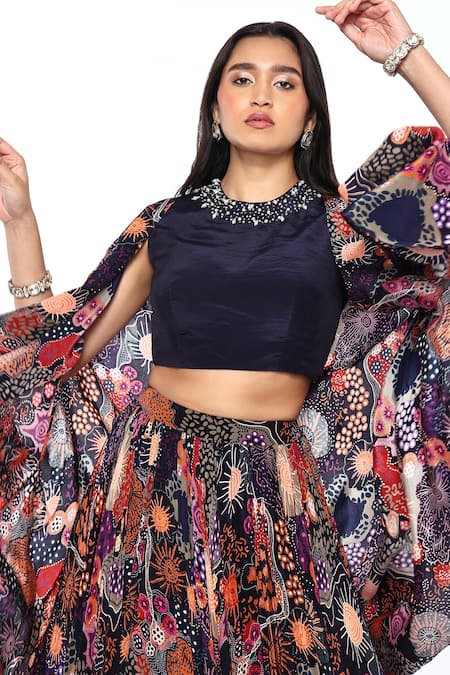 Shop_Komal Shah_Blue Crepe Pearls Round Neck Printed Cape Lehenga Set _Online_at_Aza_Fashions