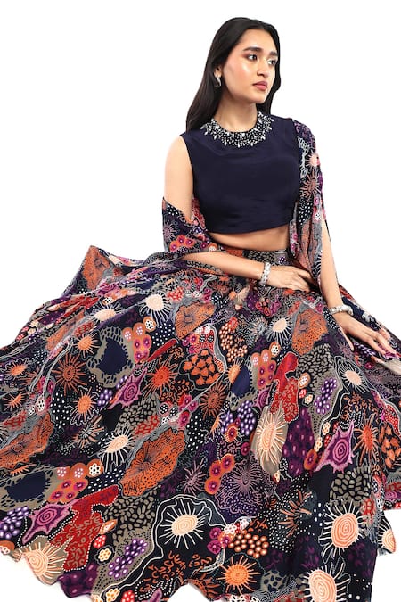 Komal Shah_Blue Crepe Pearls Round Neck Printed Cape Lehenga Set _at_Aza_Fashions