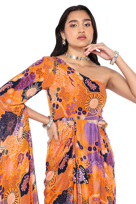 Buy_Komal Shah_Yellow Crepe Lace, Embroidery One Shoulder Draped Maxi Dress _Online_at_Aza_Fashions