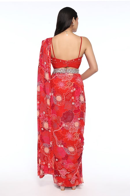 Shop Komal Shah Red Crepe Pearls, Sequins Sweetheart Embellished Pre-draped Saree With Blouse at Aza Fashions Shop_Komal Shah_Red Crepe Pearls, Sequins Sweetheart Embellished Pre-draped Saree With Blouse _at_Aza_Fashions