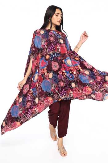 Komal Shah_Wine Crepe Round Neck Printed Asymmetric Tunic And Pant Set _Online_at_Aza_Fashions
