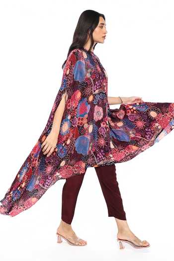 Buy_Komal Shah_Wine Crepe Round Neck Printed Asymmetric Tunic And Pant Set _Online_at_Aza_Fashions