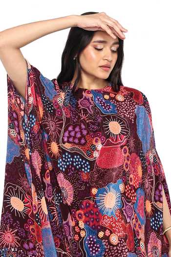 Shop_Komal Shah_Wine Crepe Round Neck Printed Asymmetric Tunic And Pant Set _Online_at_Aza_Fashions